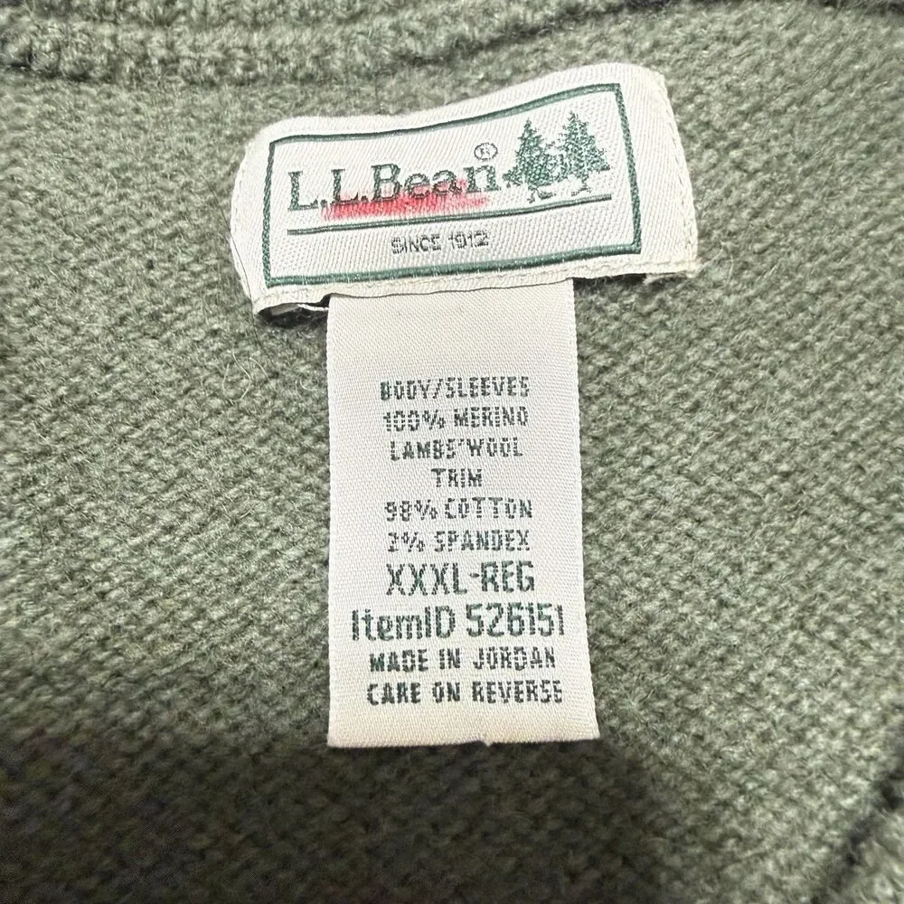L.L. Bean Commando Sweater 100% Merino Lambswool Elbow Patch Olive 3XL XXXL